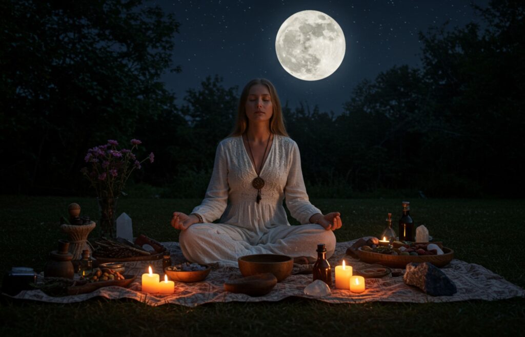 Meditacija ob ognju pod polno luno – duhovno čiščenje, namere in povezava z lunino modrostjo.