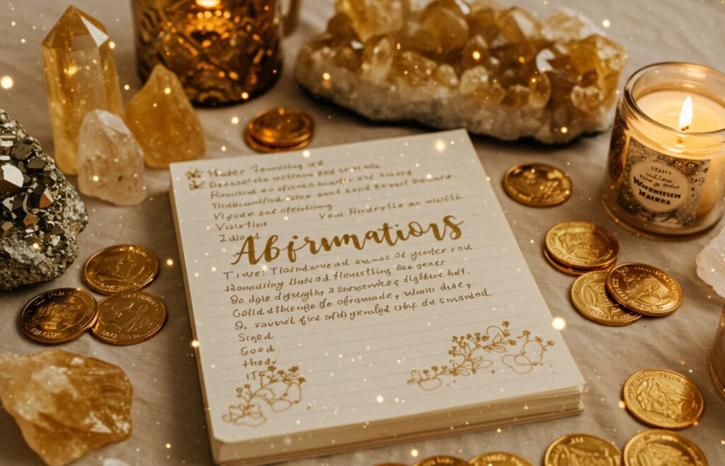 Duhovna miza z dnevnikom, svečami, kristali in napisom "Afirmacije" – simbol obilja in notranje moči.