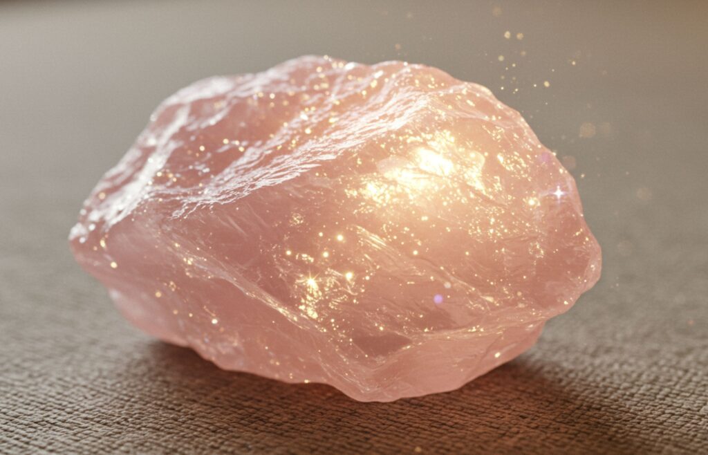 Naraven roževec – ultra realističen kristal z nežnim rožnatim sijajem na naravni podlagi.