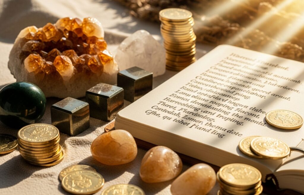 Kristali in dnevnik afirmacij za privabljanje obilja na leseni mizi