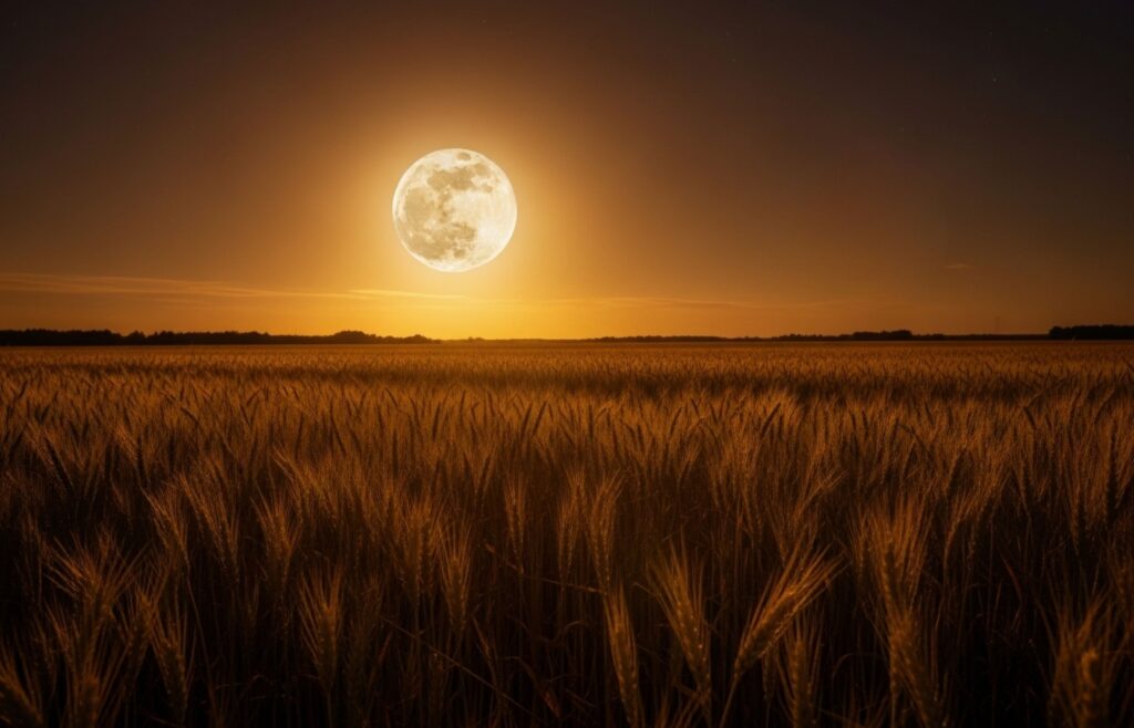 Polna luna nad žitnimi polji v toplem septembrskem večeru