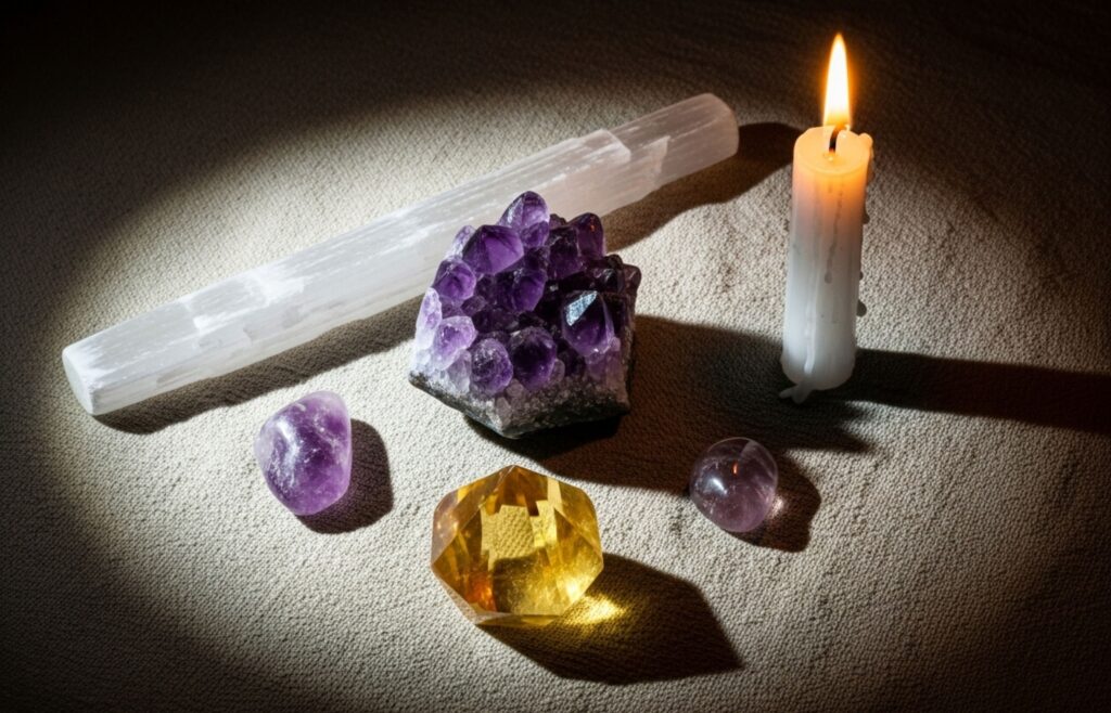 Kristali, kadilo in sveče pripravljeni za ritual ob polni luni