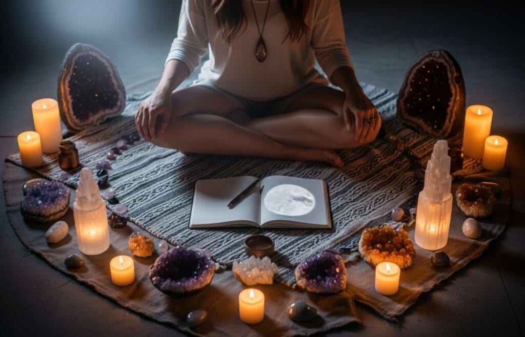 Oseba sedi v meditaciji obdana s kristali in svečami pod polno luno