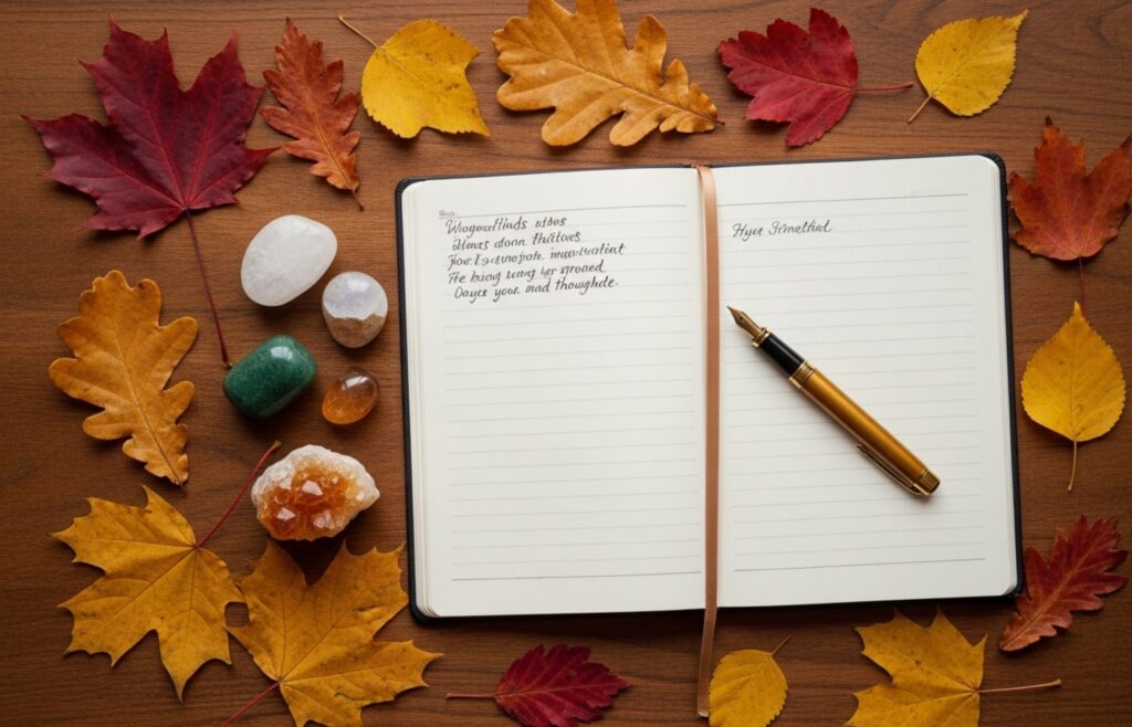 Dnevnik z afirmacijami, kristali in pisanimi jesenskimi listi