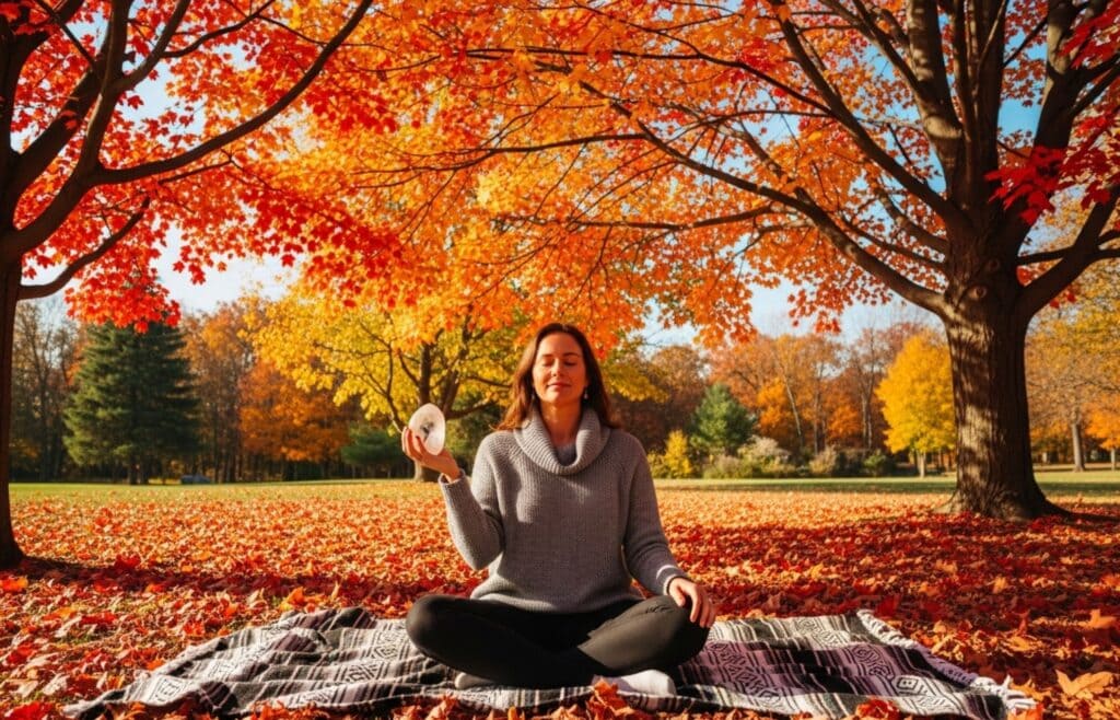 Ženska meditira v parku med oranžnimi jesenskimi drevesi