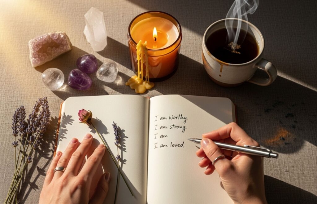 Zvezek z afirmacijo in čaj ob kristalih – ritual za notranjo moč