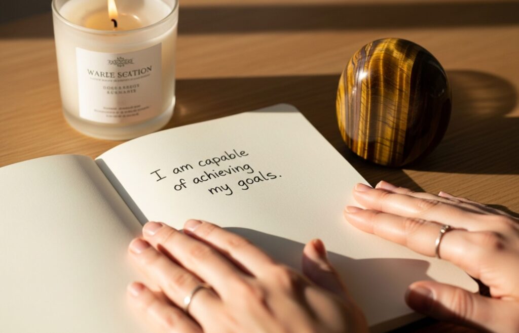 Roke pišejo afirmacije v dnevnik, ob sveči in bučki za jesensko energijo