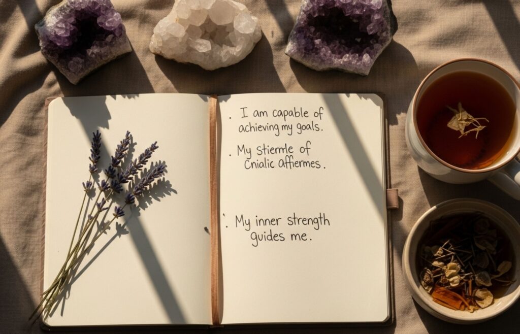 Zvezek z afirmacijami za samozaupanje, obkrožen s kristali in skodelico čaja