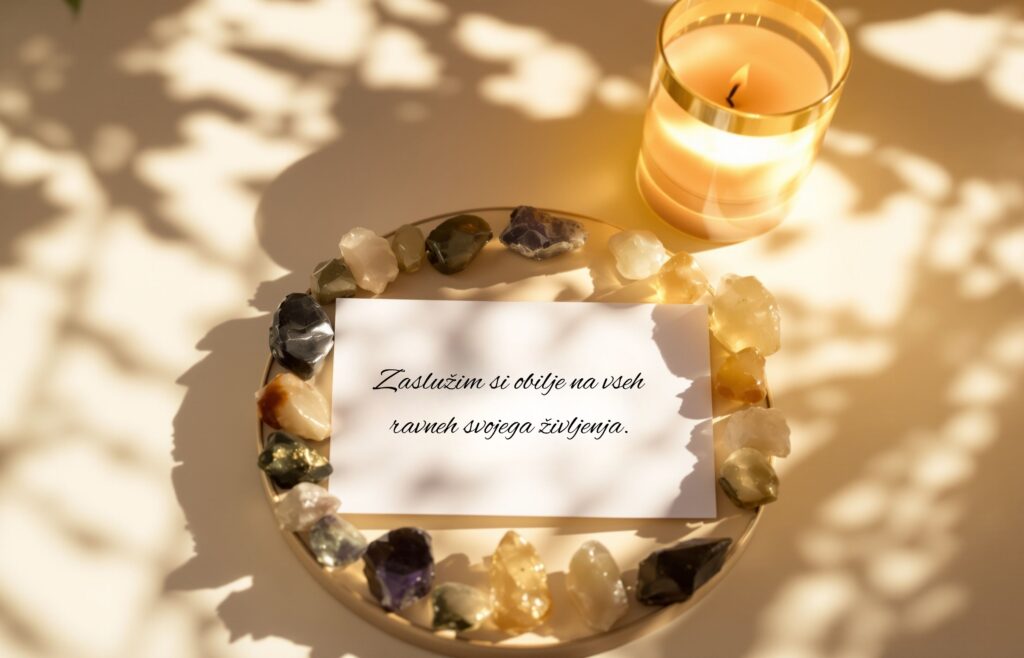 Kristalna mreža z afirmacijo v središču in sončnimi odsevi svetlobe