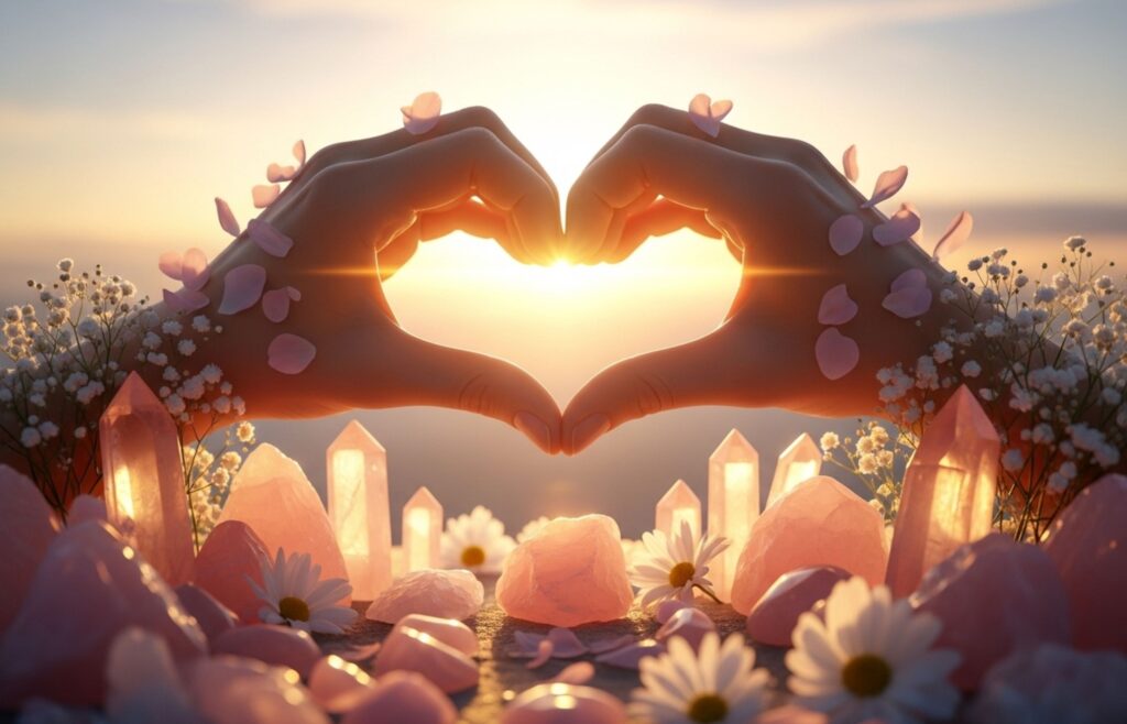 Roki v obliki srca ob roževcu in cvetlicah v topli svetlobi kot simbol ljubezni in povezanosti