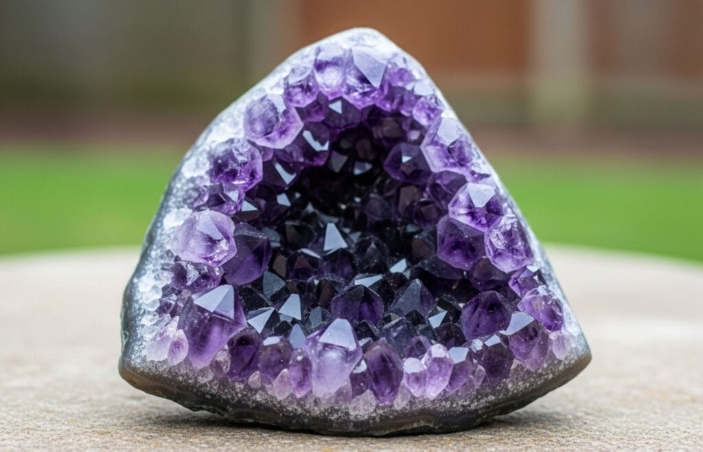 Surov ametist na naravni kamniti podlagi z nežno dnevno svetlobo