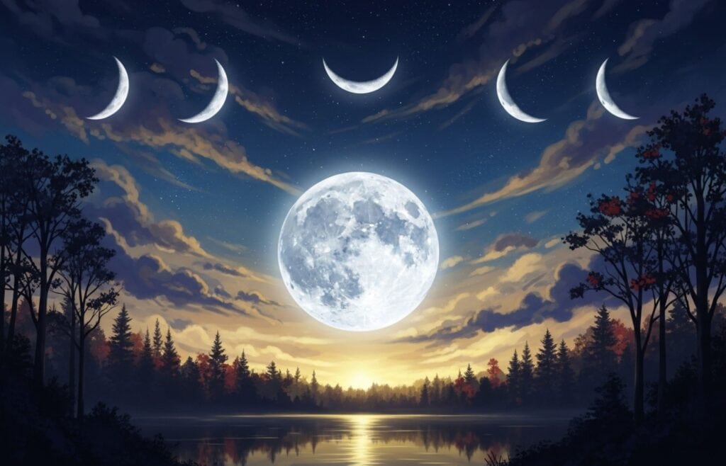 Ilustracija štirih luninih men nad jesensko pokrajino v noči