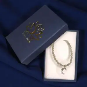 Ogrlica z labradoritom in lunico v srebrnem tonu v darilni škatlici, pripravljena za podarjanje